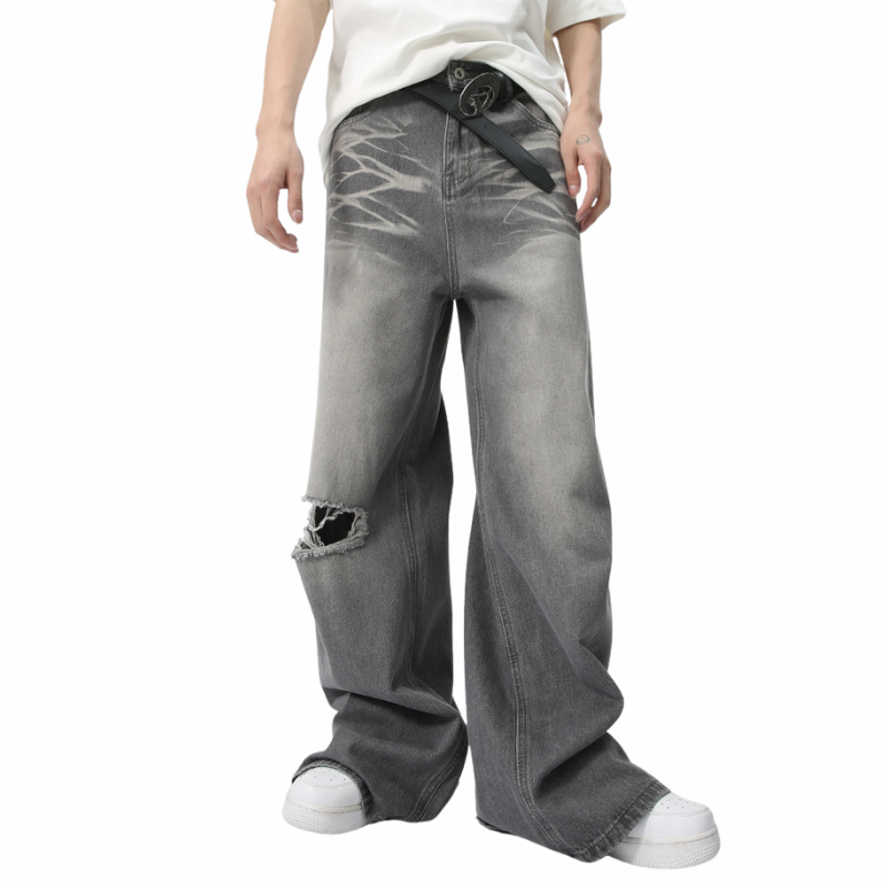 Yırtık detay denim baggy pantolon