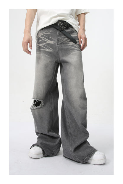 Yırtık detay denim baggy pantolon